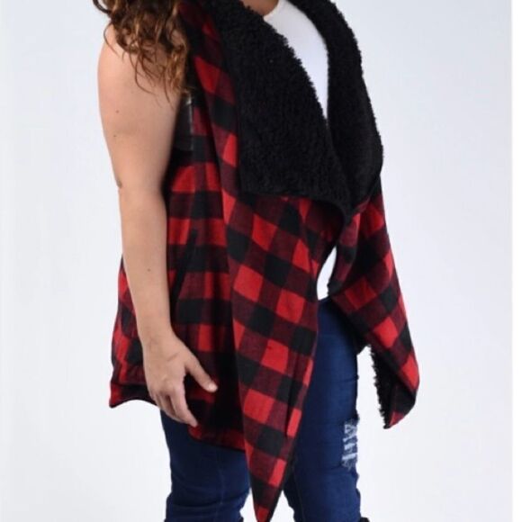 Westbound Woman Red Buffalo Plaid Black Sherpa Vest CabinCore Fall Holidays 2X - Picture 11 of 13